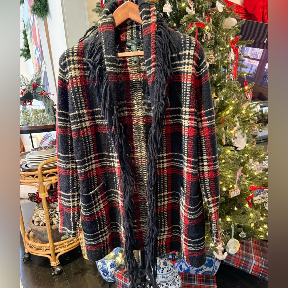 Ralph Lauren Lauren Jeans  Red Black ivory Plaid fringe Cardigan